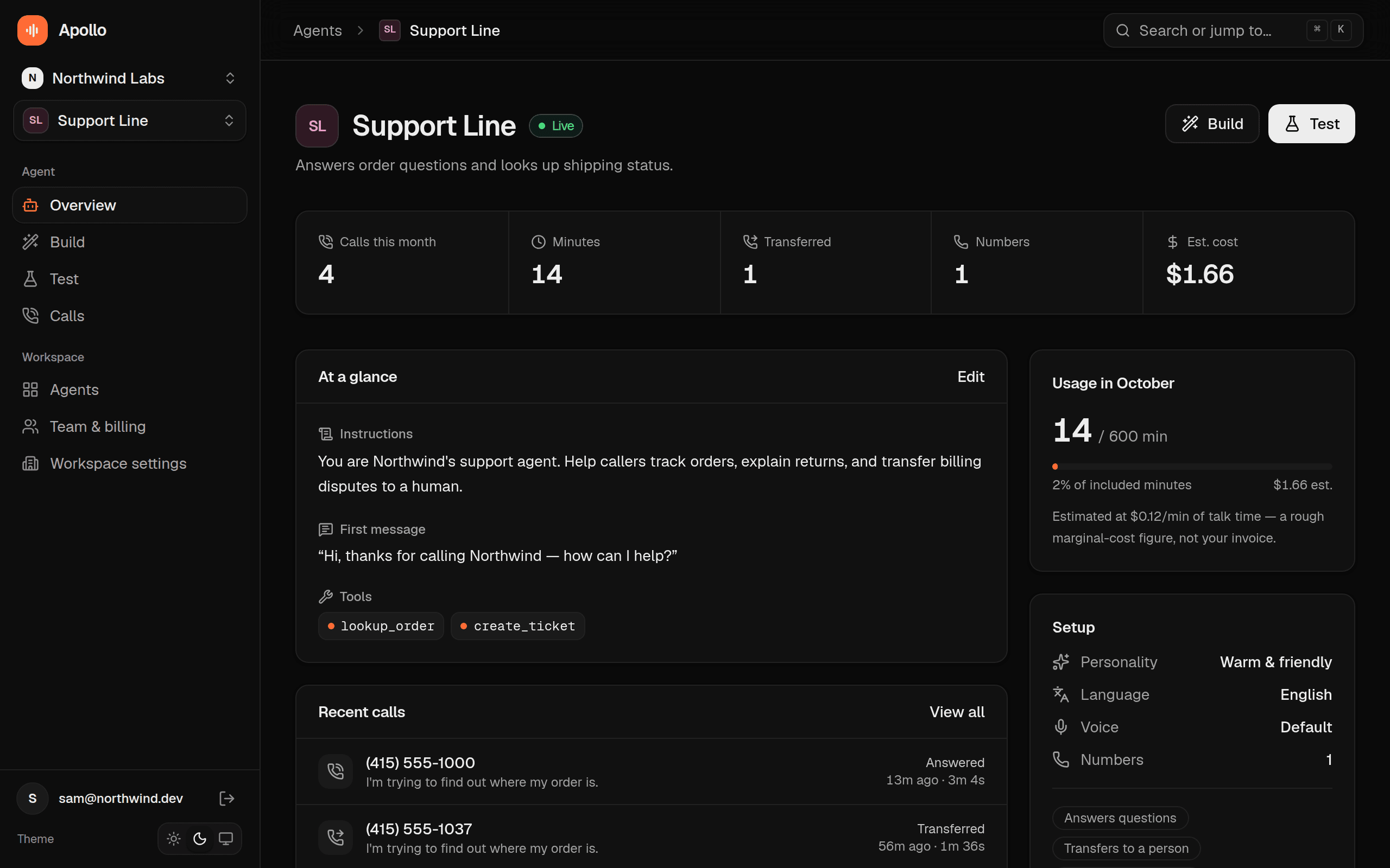 An agent's overview in the Apollo dashboard